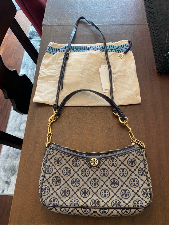 Tory Burch Handbags - Tory Burch Navy and Beige Logo Jacquard Shoulder Bag